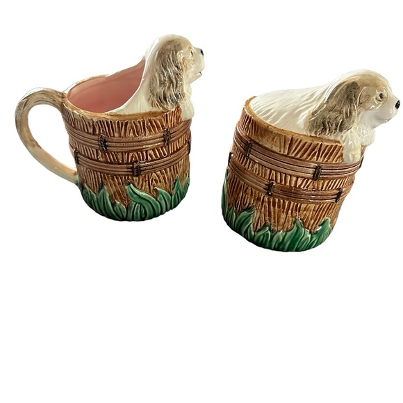 Spaniel Puppy in Barrel Creamer and Sugar Bowl w/ Lid Set VINTAGE - Picture 4 of 11